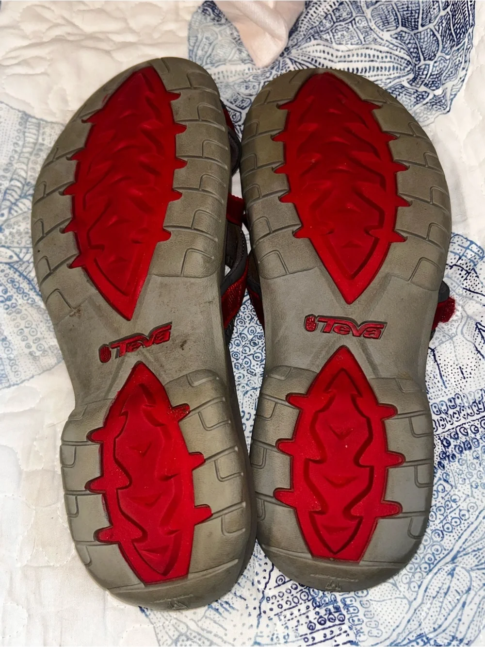 Teva Gray Footbed Slide Sandals with Red Straps
